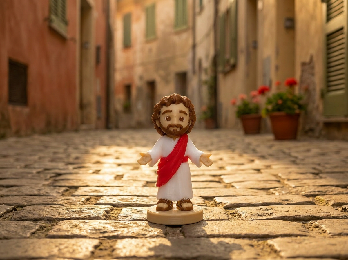 A small clay Jesus figurine resting on cobblestones